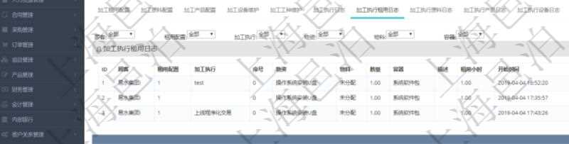 在項目管理軟件MES生產制造管理系統(tǒng)查詢加工明細信息時，還返回了關聯(lián)的加工執(zhí)行租用日志：租用配置、加工執(zhí)行、序號、物資、物料、數(shù)量、容器、描述、租用小時、開始時間、結束時間。