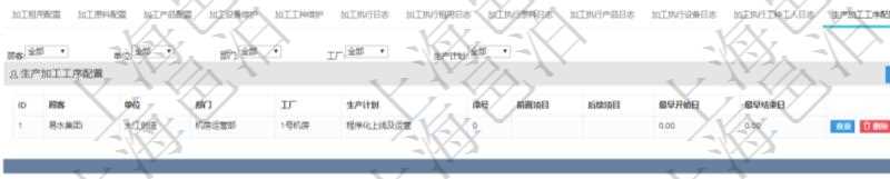 在項目管理軟件MES生產(chǎn)制造管理系統(tǒng)查詢加工明細信息時，還返回了關(guān)聯(lián)的生產(chǎn)加工工序配置：單位、部門、工廠、生產(chǎn)計劃、序號、前置項目、后續(xù)項目、最早開始日、最早結(jié)束日。