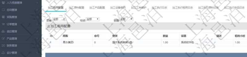 在項(xiàng)目管理軟件MES生產(chǎn)制造管理系統(tǒng)查詢(xún)加工明細(xì)信息時(shí)，還返回了關(guān)聯(lián)的加工租用配置：序號(hào)、物資、數(shù)量、容器、描述、租用小時(shí)、開(kāi)始小時(shí)。