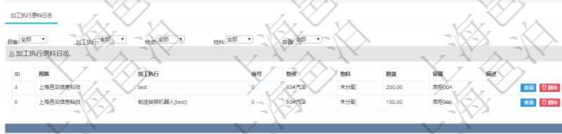 在項(xiàng)目管理軟件MES生產(chǎn)制造管理系統(tǒng)查詢加工原料配置信息時(shí)，還返回了關(guān)聯(lián)的加工執(zhí)行原料日志：加工執(zhí)行、序號(hào)、物資、物料、數(shù)量、容器、描述。