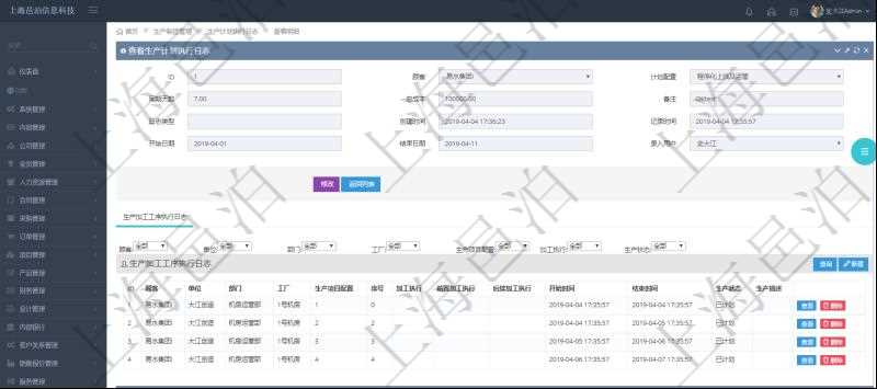 在項目管理軟件MES生產(chǎn)制造管理系統(tǒng)中查詢生產(chǎn)計劃執(zhí)行日志明細信息還會返回生產(chǎn)加工工序執(zhí)行日志明細：單位、部門、工廠、生產(chǎn)項目配置、序號、加工執(zhí)行、前置加工執(zhí)行、后續(xù)加工執(zhí)行、開始時間、結(jié)束時間、生產(chǎn)狀態(tài)、生產(chǎn)描述。