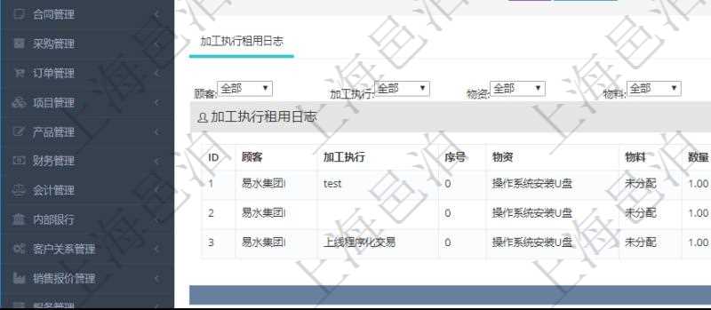 在項(xiàng)目管理軟件MES生產(chǎn)制造管理系統(tǒng)查詢(xún)加工租用配置信息時(shí)，還返回了關(guān)聯(lián)的加工執(zhí)行租用日志：加工執(zhí)行、序號(hào)、物資、物料、數(shù)量、容器、描述、租用小時(shí)、開(kāi)始時(shí)間、結(jié)束時(shí)間。