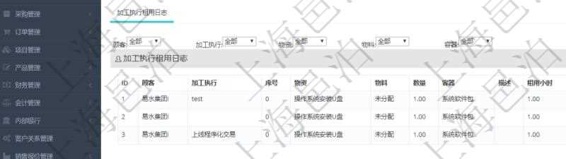 在項(xiàng)目管理軟件MES生產(chǎn)制造管理系統(tǒng)查詢加工租用配置信息時(shí)，還返回了關(guān)聯(lián)的加工執(zhí)行租用日志：加工執(zhí)行、序號(hào)、物資、物料、數(shù)量、容器、描述、租用小時(shí)、開始時(shí)間、結(jié)束時(shí)間。