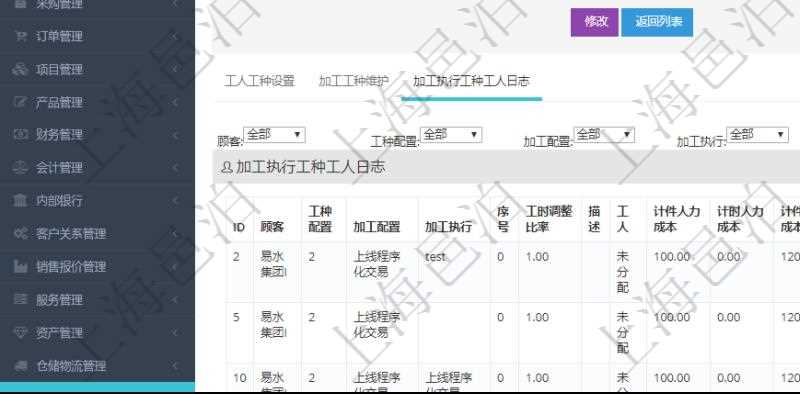 在項目管理軟件MES生產(chǎn)制造管理系統(tǒng)查詢工種明細(xì)信息的時候，還會返回關(guān)聯(lián)的加工執(zhí)行工種工人日志：工種配置、加工配置、加工執(zhí)行、序號、工時調(diào)整比率、描述、工人、計件人力成本、計時人力成本、計件工種成本、資源、貨幣單位、工時、備注、日志類型、創(chuàng)建時間、記錄時間、開始時間、結(jié)束時間、錄入用戶、總成本。