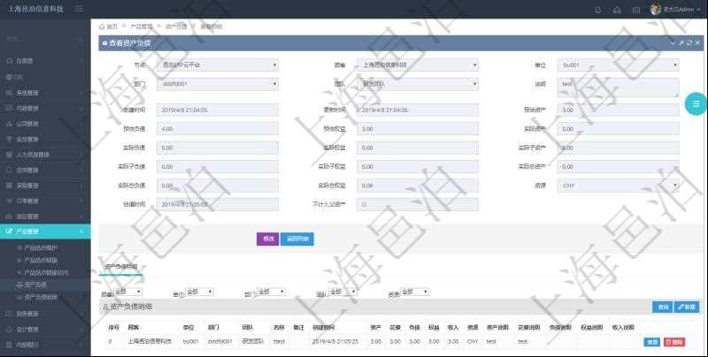 通過項目管理軟件產(chǎn)品管理模塊可以維護和查詢產(chǎn)品資產(chǎn)負債信息，比如：單位、部門、團隊、說明、創(chuàng)建時間、更新時間、預估資產(chǎn)、預估負債、預估權(quán)益、實際資產(chǎn)、實際負債、實際權(quán)益、實際子資產(chǎn)、實際子負債、實際子權(quán)益、實際總資產(chǎn)、實際總負債、實際總權(quán)益、貨幣單位資源、估值時間及是否記錄負資產(chǎn)標記。