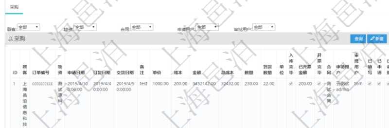 項(xiàng)目管理軟件采購(gòu)管理模塊供應(yīng)商明細(xì)查詢還可以關(guān)聯(lián)查詢更多相關(guān)資料，比如供應(yīng)商的所有采購(gòu)信息：訂單編號(hào)、物資、申請(qǐng)日期、訂貨日期、交貨日期、備注、單價(jià)、成本、金額、總成本、數(shù)量、到貨數(shù)量、單位、入庫(kù)完畢、已開票金額、開票完畢、合同、申請(qǐng)用戶、審批用戶、已填寫、已申請(qǐng)、已審批。
